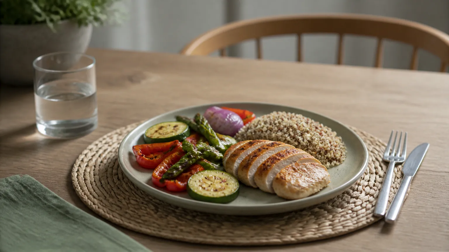 Teller mit Gemüse, Hähnchen und Quinoa auf Holztisch