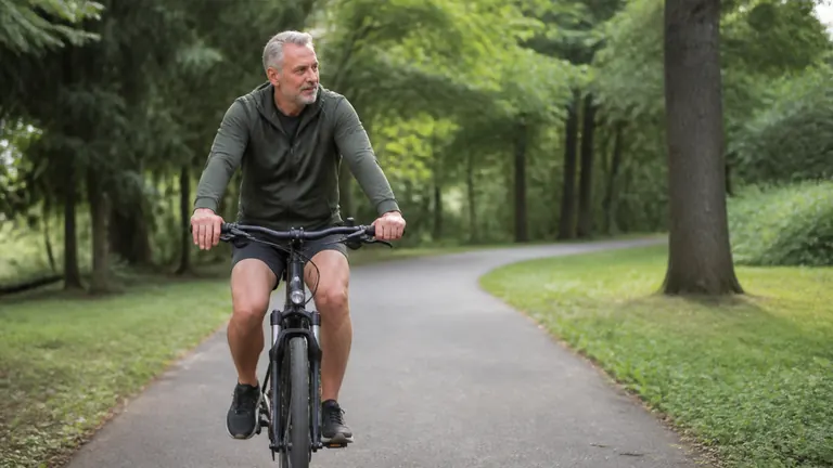 Mann radelt gemächlich auf einem Weg durch einen Park