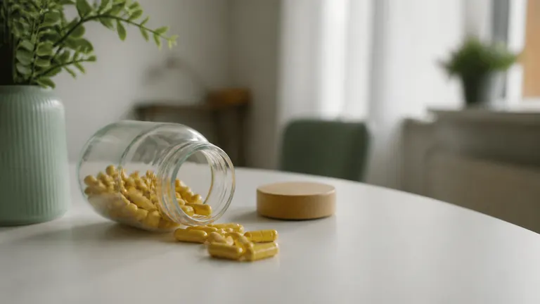 Gelbe Kapseln neben einer schlichten Glasflasche auf weißem Tisch