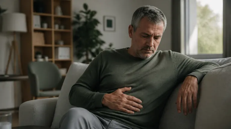 Mann sitzt auf dem Sofa, Hand auf dem Bauch