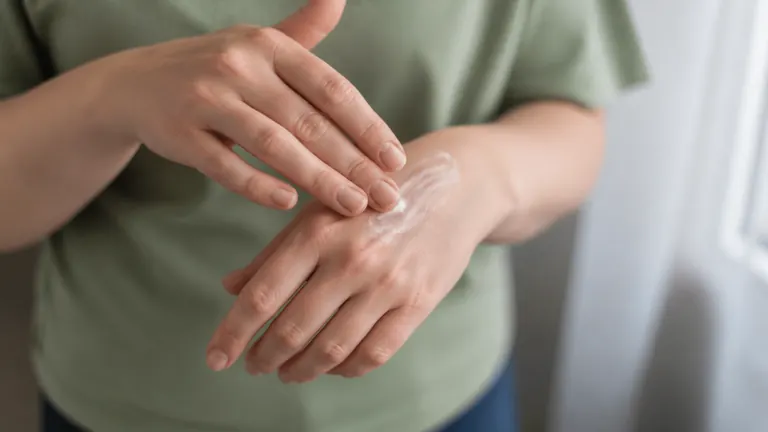 Hände tragen schlichte Creme auf den Handrücken auf