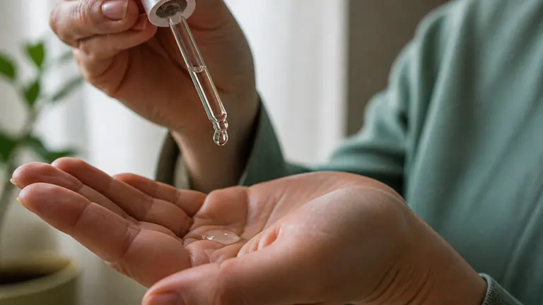 Glaspipette gibt einen klaren Tropfen auf eine Handfläche ab