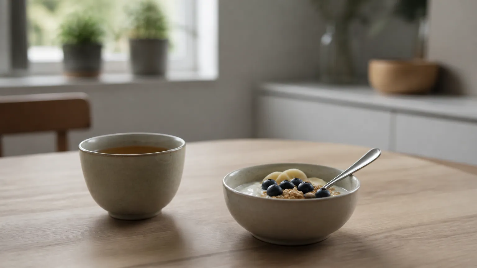 Kräutertee neben einer Schale Joghurt auf dem Frühstückstisch