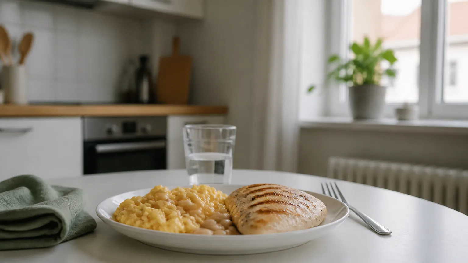 Teller mit Hähnchen, Eiern und Bohnen auf hellem Tisch