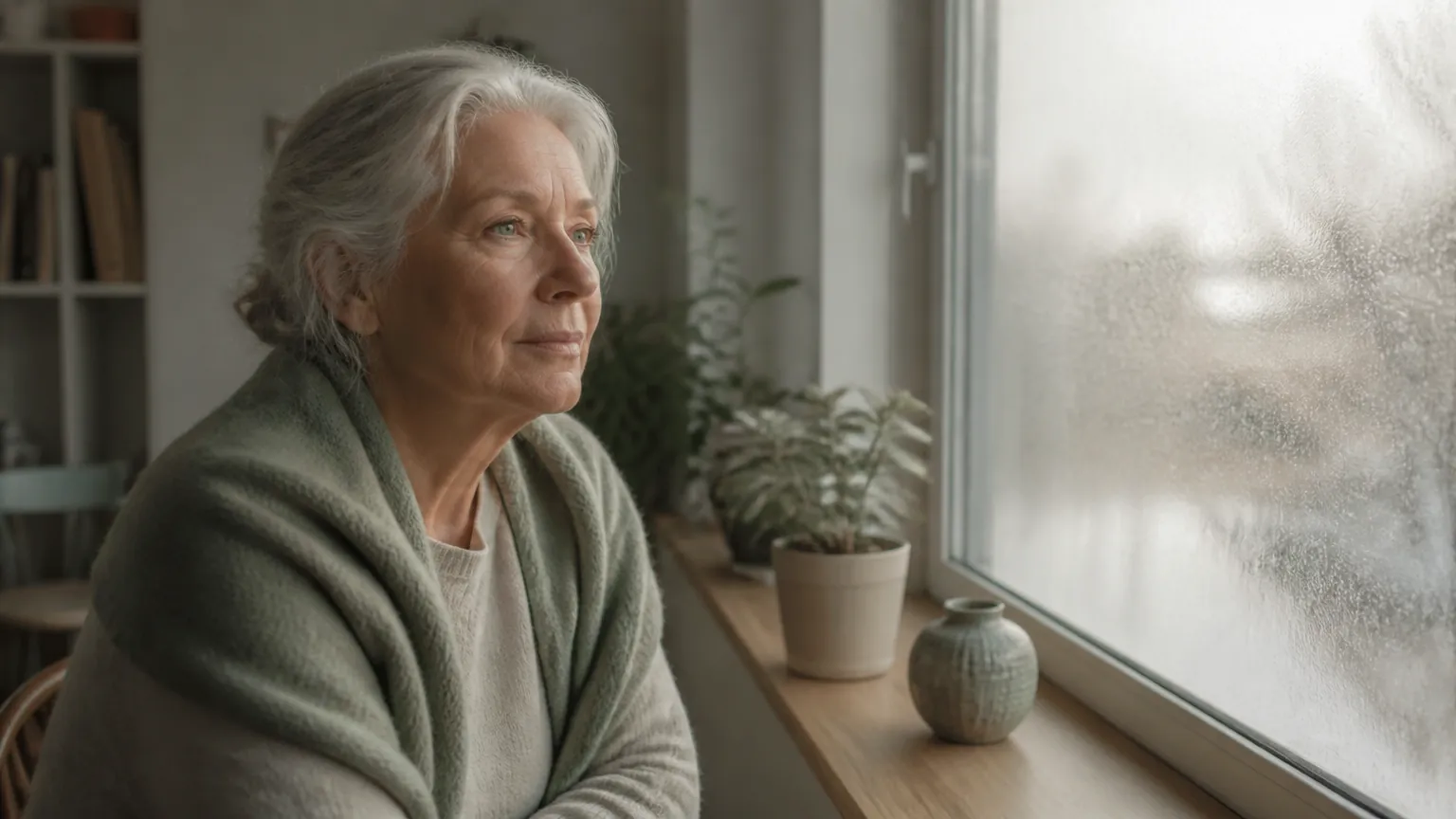 Winterliches Sonnenlicht fällt auf eine hölzerne Fensterbank